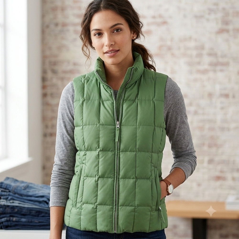 VTG GAP Puffer Vest Women Medium Green Down Filled Quilted Mock Neck HOL-2003
